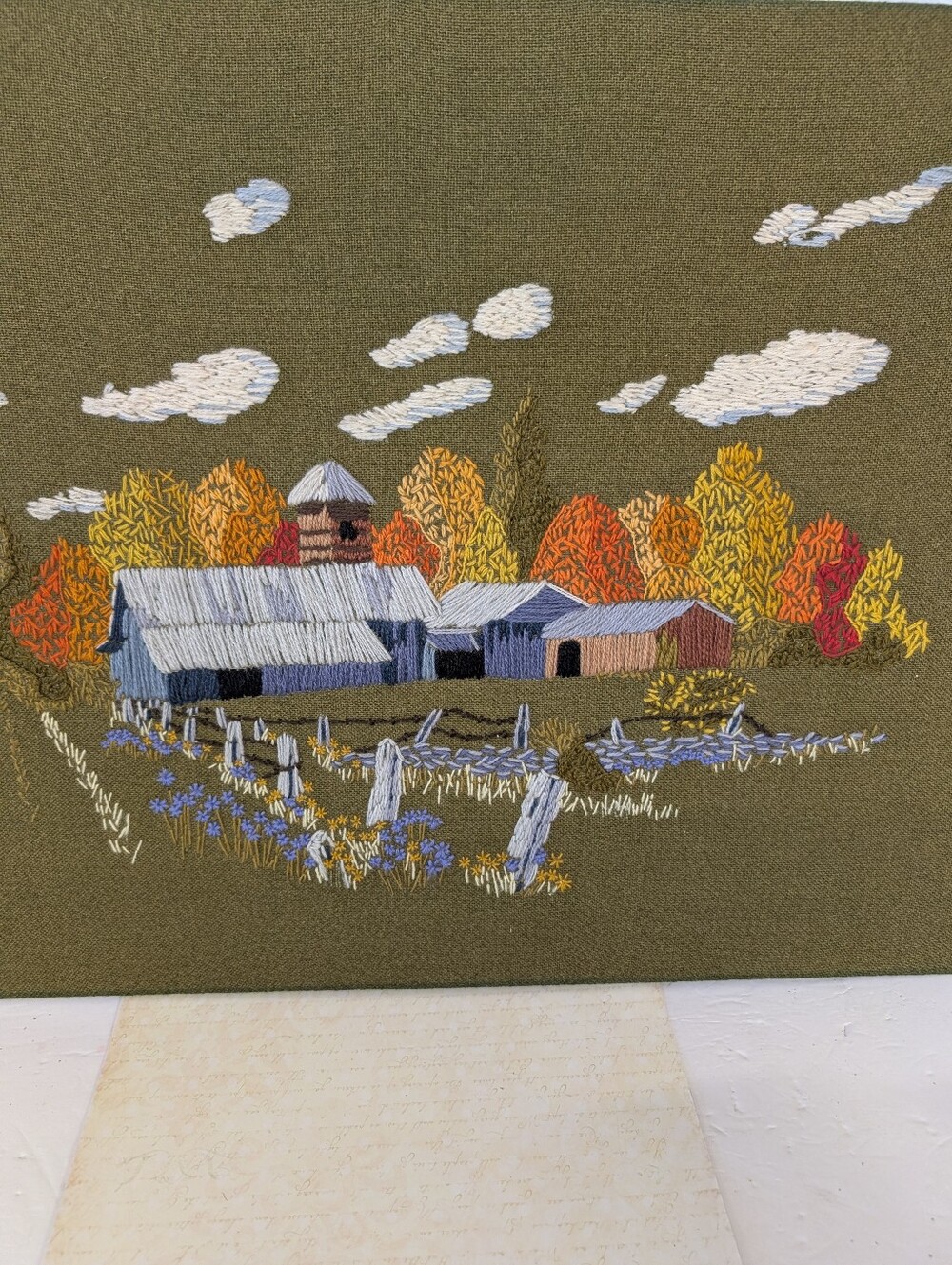 Vintage Crewel Work Autumn Barn Wall Art - Olive, Orange & Blue 1970 - Picture 2 of 5